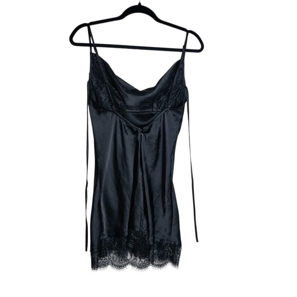 Out From Under Black Satin Cowl Neck Lace Trim Slip Mini Dress Small‎